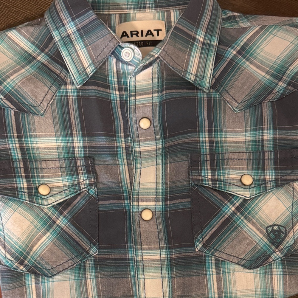 Boys Ariat Teal and Gray Plaid Shirt